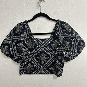 Loft By Ann Taylor Sz S Petite Tuilerie Square Neck Puff Sleeve Crop Top Blue
